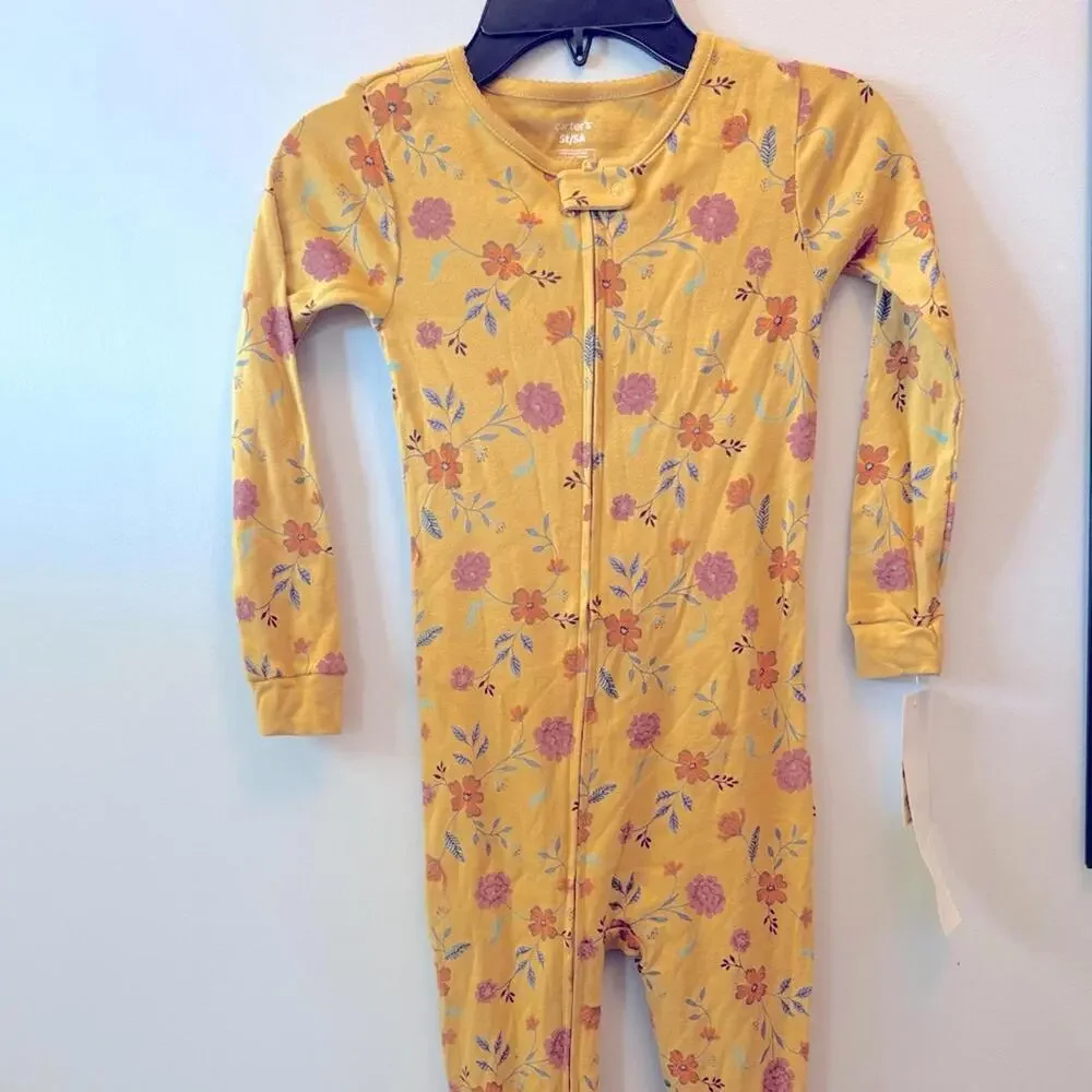 Carter's Toddler Girls Yellow 1 Piece Floral Print Snug Fit Footed Pajamas 4T